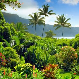 Depict a tropical paradise scene with lush vegetation and exotic wildlife on the island of Kauai.. Image 2 of 4