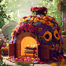 Create a whimsical and inventive oven made entirely out of flowers.