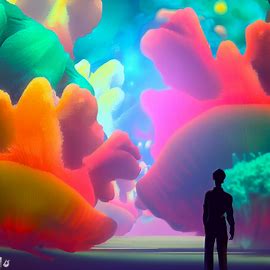 Create an image of a person interacting with large, brightly-colored blooms of algae in a dreamlike underwater setting.. Image 3 of 4