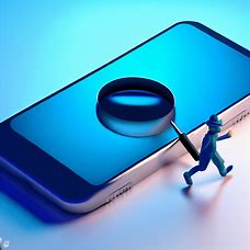 Render a picture of a giant iPhone, with a tiny detective following the trail