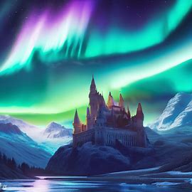 Aurora dancing above a magnificent castle surrounded by snow-capped mountains.. Image 3 of 4