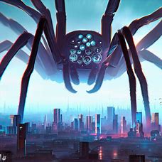 Visualize a futuristic cityscape with a giant tarantula towering over the metropolis, its multiple eyes scanning the skyline.