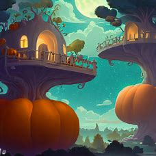 Illustrate a dream-like space where pumpkins grow like trees, and balconies are carved into their sides.