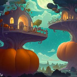 Illustrate a dream-like space where pumpkins grow like trees, and balconies are carved into their sides.. Image 1 of 4