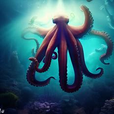 Create a surreal underwater world with an octopus as the centerpiece.