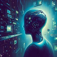 Illustrate a science-fiction style world where computers have evolved into beings with their own thoughts and emotions.