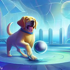 Illustrate a Labrador dog playing with a ball in a futuristic park.