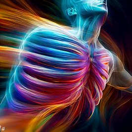 Create a vibrant image of a human diaphragm in motion, emphasizing the intricate muscle fibers and the way they work together to control breathing.