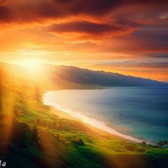 Imagine a stunning, ethereal sunset over the lush green hills and lush beaches of Maui with the sun casting a warm orange and yellow glow onto the landscape.
