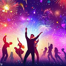 Generate a celebration picture of different happy people enjoying the New Year’s festivities with lively music, spectacular fireworks, and joyful laughter.
