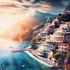 Create an image of the stunning seaside town of Positano and its surroundings.