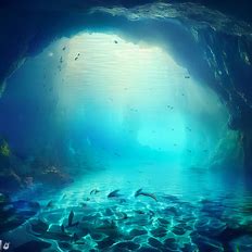 A majestic underwater cave filled with crystal clear water and filled with diverse aquatic species.