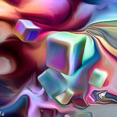 A surreal depiction of sugar cubes melting into a dreamy and colourful liquid, embodying the sweetness and fluidity of sugar.