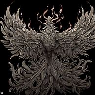 Create an intricate and detailed illustration of a phoenix with its wings spread wide as it rises from its ashes.