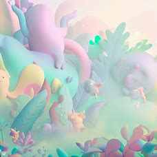 Create a dreamlike world with a mix of pastel colors, featuring whimsical creatures and lush vegetation.