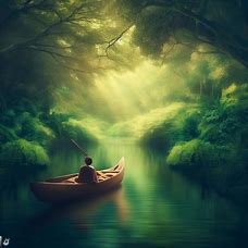 Visualize a serene wooden canoe gliding through a peaceful stream surrounded by luscious green forests.