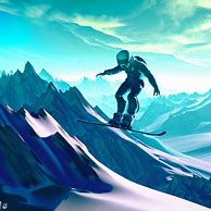 Depict a futuristic snowboarder on an extreme mountain landscape.