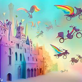 Imagine a whimsical interpretation of the architecture of Barcelona, featuring flying bikes and rainbow-colored buildings.. Image 2 of 4