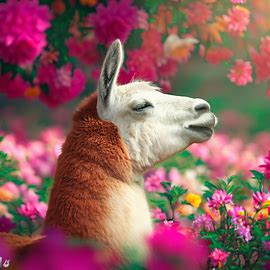 A lama surrounded by beautiful blooming flowers. Image 2 of 4