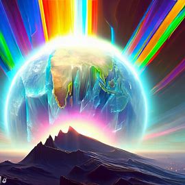 Illustrate an alternate universe where the earth is replaced by a giant crystal that radiates a rainbow of colors. Image 3 of 4