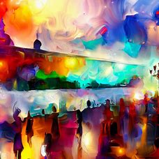 Create an image of a lively and colorful jazz concert happening in a picturesque cityscape.