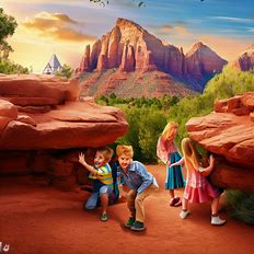 Create a playful scene of Sedona, Arizona, with a group of kids visiting the scenic red rocks and playing hide-and-seek.