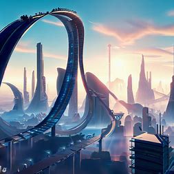 Imagine a futuristic city with a towering roller coaster that offers breathtaking views of the skyline.