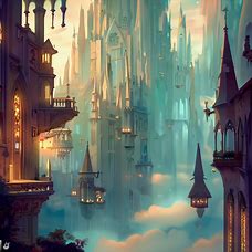 Illustrate a dream-like fantasyscape of the Gothic neighborhoods in Barcelona, with floating cathedrals, floating palaces and enchanted streets.