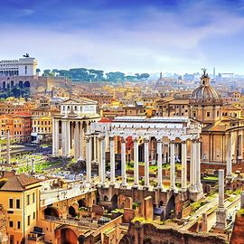 Roman Cityscape: Show a panoramic view of a bustling Roman city filled with towering columns, ornate arches, and grand palaces.. Image 4 of 4