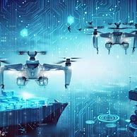 Create an image of a futuristic supply chain management system, with robotic drones and cargo ships that are operated by AI algorithms.