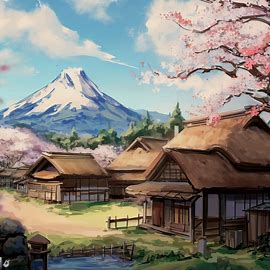 Draw an idyllic scene of a traditional Japanese village with cherry blossoms and a mountain in the background.. Image 3 of 4