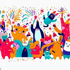Create a vibrant and cheerful illustration of a group of animals ringing in the new year with fireworks, confetti, and joy.