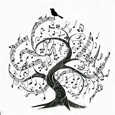 A whimsical composition of music notes in the shape of a tree, with branches and leaves, and a bird sitting on a branch.