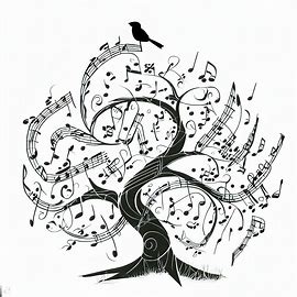 A whimsical composition of music notes in the shape of a tree, with branches and leaves, and a bird sitting on a branch.. Image 1 of 4