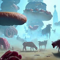 Design a world where mutated meats have taken over and rule over all that is below