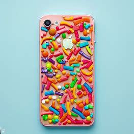Create an image of an iPhone 7 made entirely out of colorful candy