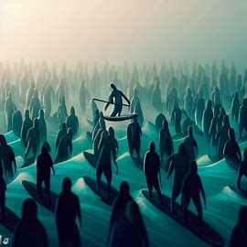 Create a surreal image of a surfer navigating through a sea of people standing on their surfboards.. Image 2 of 4