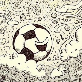Doodle a whimsical scene featuring a giant, smiling soccer ball floating in the sky.. Image 1 of 4