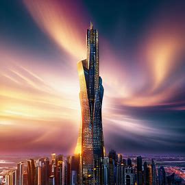 Create an image of a towering skyscraper in Qatar that gleams with luxury. Image 3 of 4