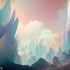 Create a dreamy and ethereal landscape of how rock formations would look like if they were made of crystal.