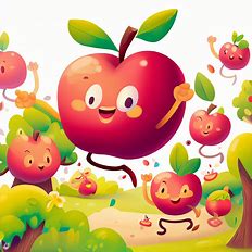 Illustrate a whimsical, cartoonish apple garden filled with bouncing, happy apples.