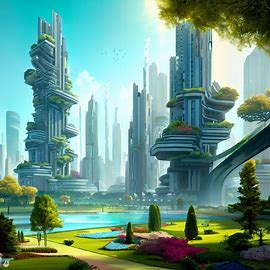 An imaginary, futuristic Detroit that is eco-friendly and sustainable with towering skyscrapers and beautiful parks.. Image 3 of 4