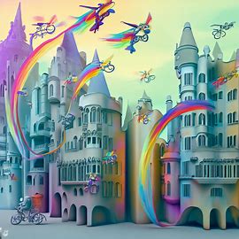 Imagine a whimsical interpretation of the architecture of Barcelona, featuring flying bikes and rainbow-colored buildings.. Image 3 of 4