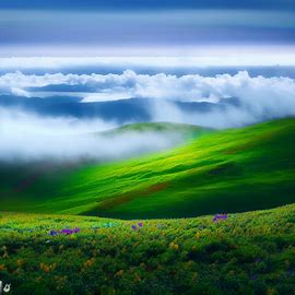 Show a magical and surreal view of the summit of Maui's Haleakalā volcano, with vibrant green fields dotted with delicate wildflowers and surrounded by the cloud-covered horizon.. Image 3 of 4