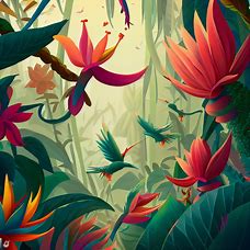 Illustrate an exotic jungle filled with giant flying flowers fit for hummingbirds, parrots, and other wondrous creatures.