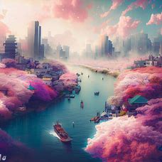 Create an image of a city with cherry blossom trees in full bloom, surrounded by a river with boats sailing by.