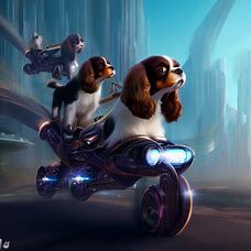 Imagine a futuristic cityscape where Cavalier King Charles spaniels are the primary mode of transportation.