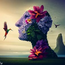 Create a surreal image of Easter Island with giant flowers and hummingbirds.