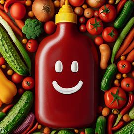 Create an image of a giant bottle of ketchup with a smiley face on it and surrounded by vegetables. Image 2 of 4