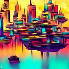 Draw a surreal city skyline of Tokyo, Japan with floating buildings and vibrant colors.
